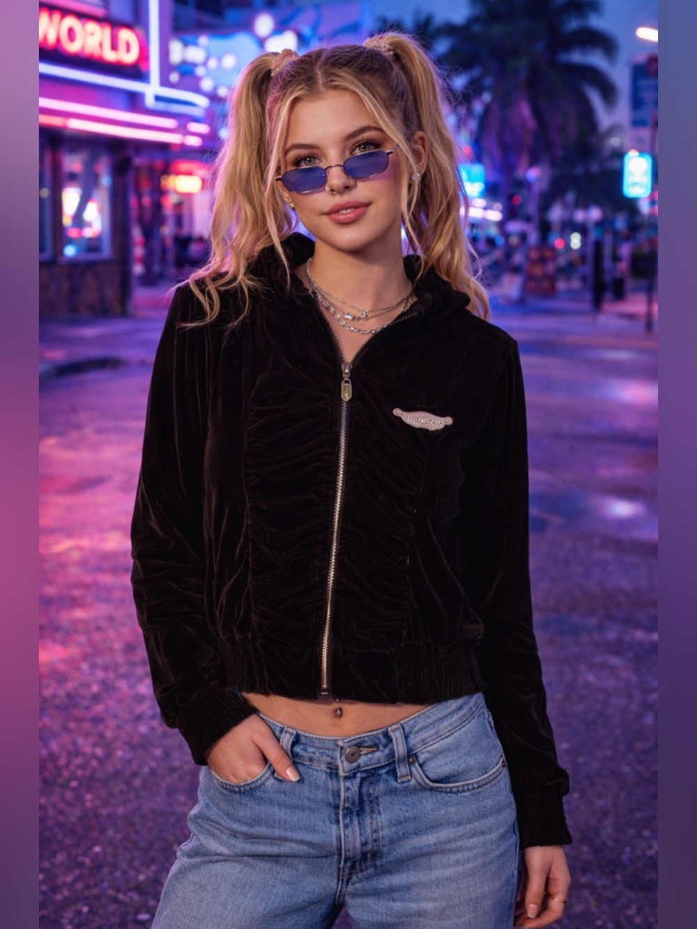 Y2K Apple Bottoms Black Velour Hoodie Womens L Ruched Zip Streetwear